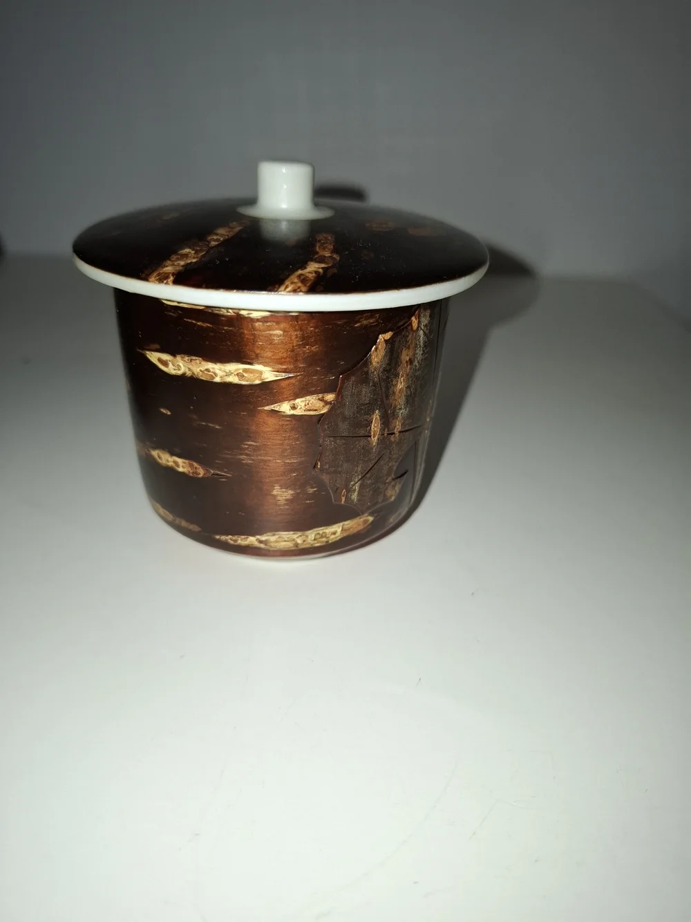 Ceramic Lidded Japense Tea Cups - Real Cherry Bark Inlay Set of 2